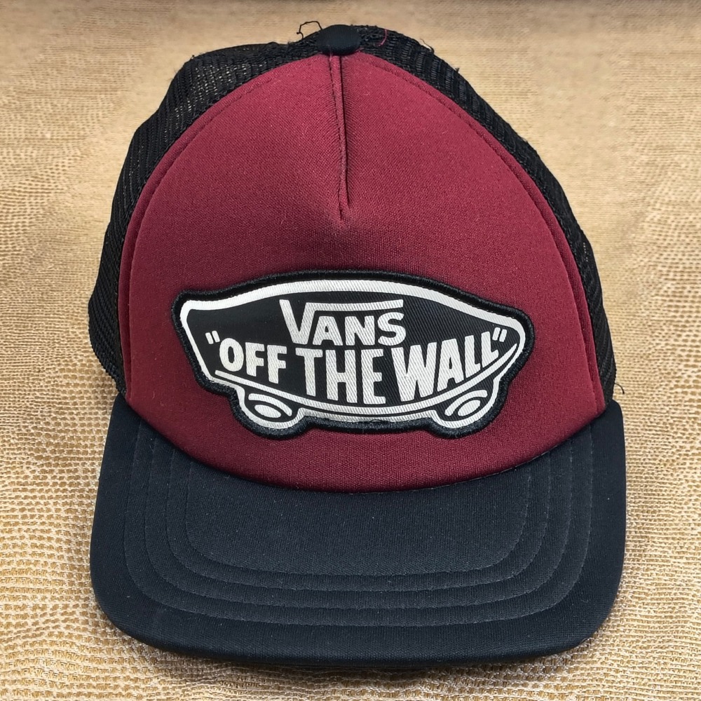 Vans Off The Wall Trucker Hat Mens Burgundy Black Mesh Snapback Skater Cap - Picture 2 of 10